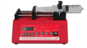 Photography of the red InfusionONE Syringe pump