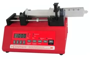 Photography of the red SyringeONE Syringe pump