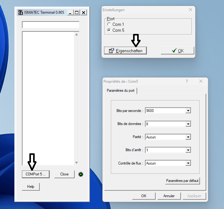 Screenshot of the IsmaTerm software with two opened windows for the settings and characteristics of the port.