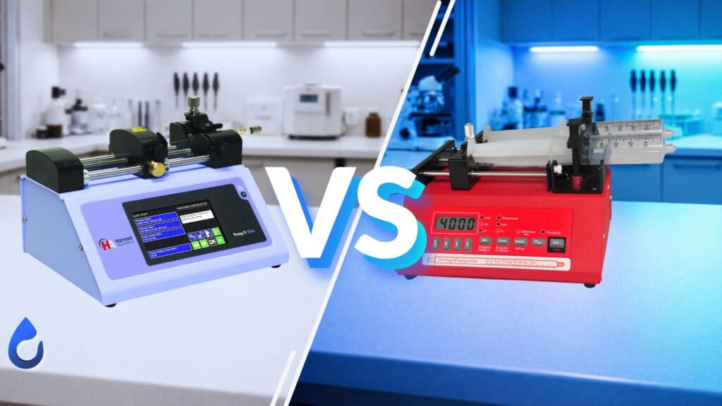 Syringe pump comparison image showing a Harvard Apparatus pump 11 elite versus a red programmable syringe pump NE-4002X in a lab setting.