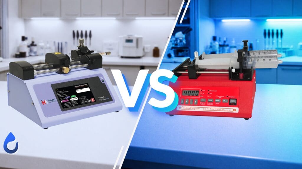 Syringe pump comparison image showing a Harvard Apparatus pump versus a red programmable syringe pump in a lab setting.